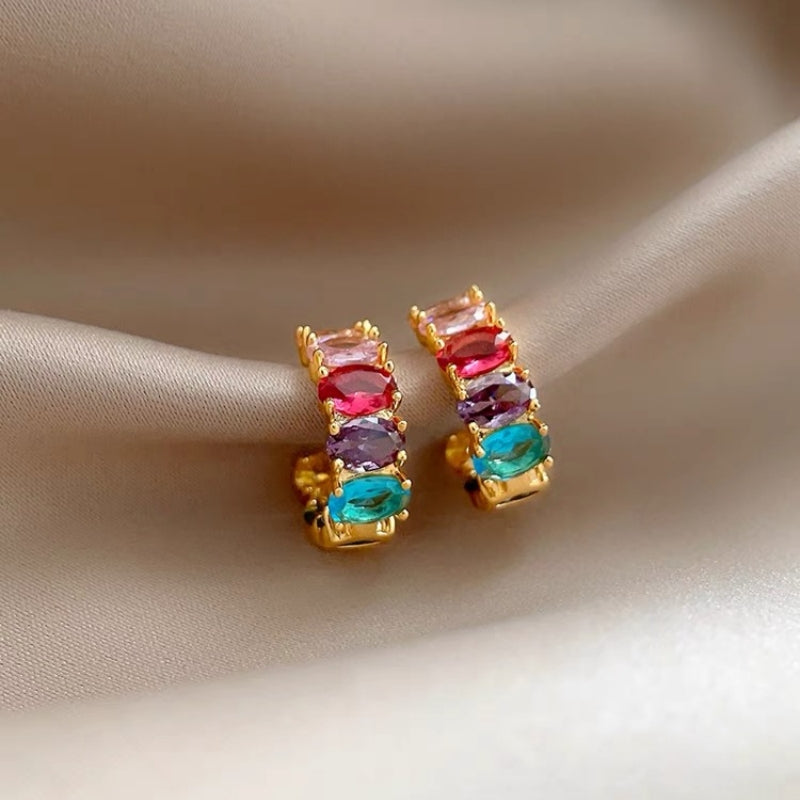 14K Gold-Plated Elegant Zircon Colorful C-Shaped Earrings
