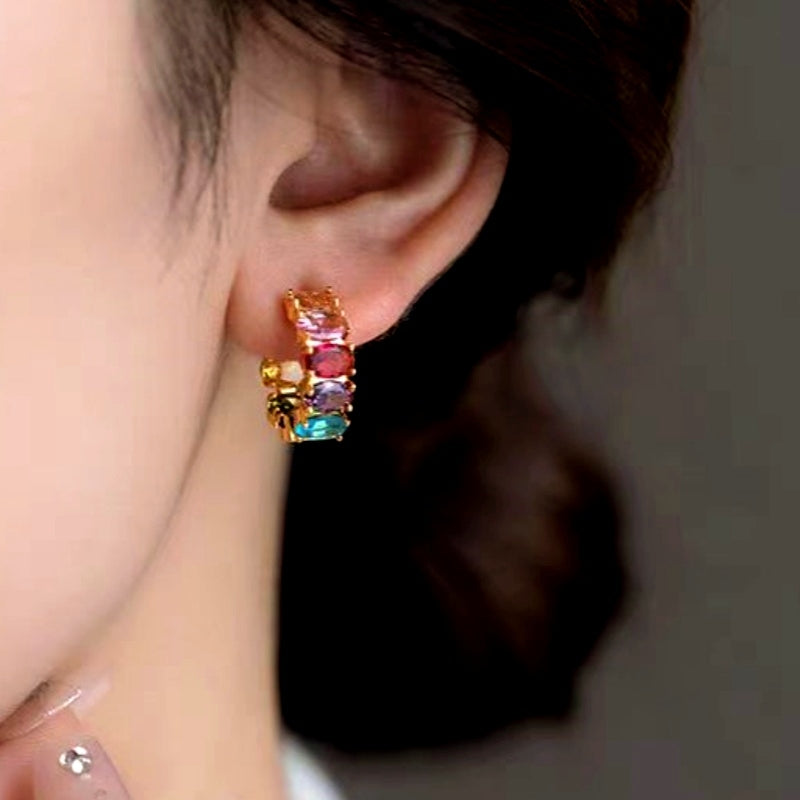 14K Gold-Plated Elegant Zircon Colorful C-Shaped Earrings