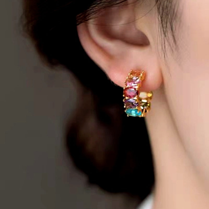 14K Gold-Plated Elegant Zircon Colorful C-Shaped Earrings