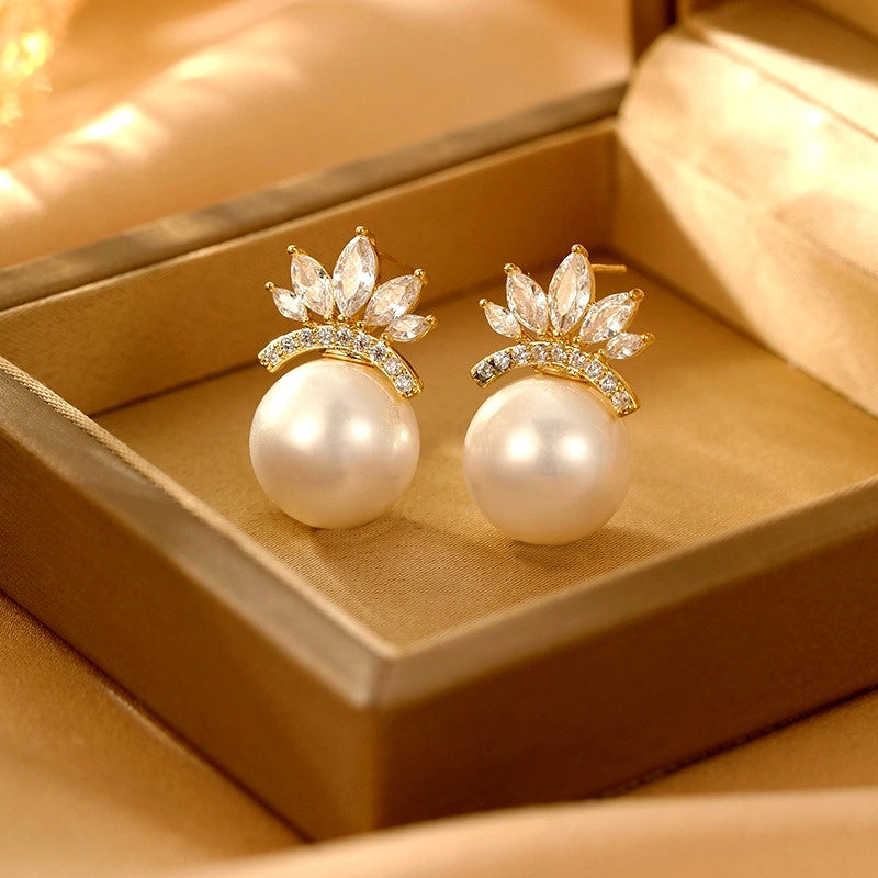 14K Gold-Plated Elegant Zircon Crown Pearl Earrings
