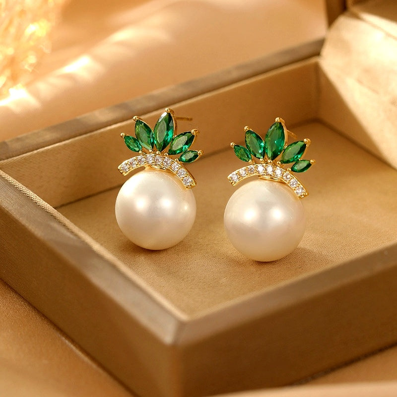 14K Gold-Plated Elegant Zircon Crown Pearl Earrings