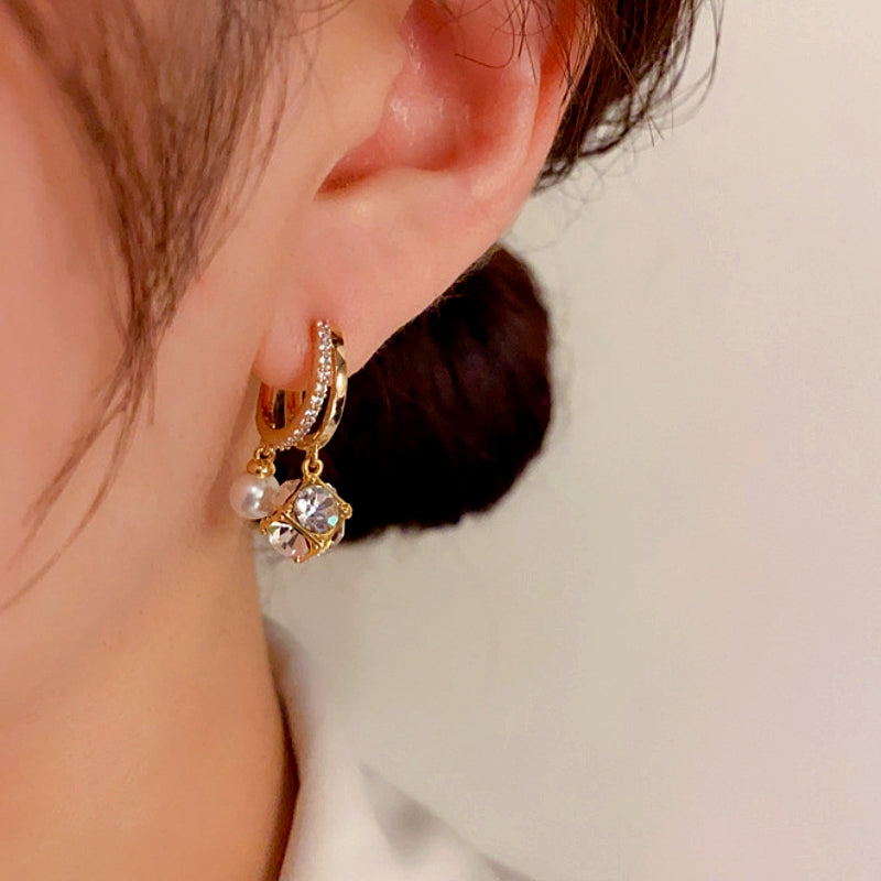 14K Gold-Plated Elegant Zircon Cube Ball Pearl Earrings