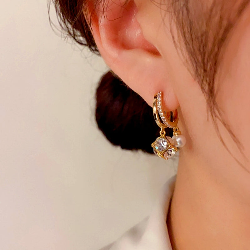 14K Gold-Plated Elegant Zircon Cube Ball Pearl Earrings