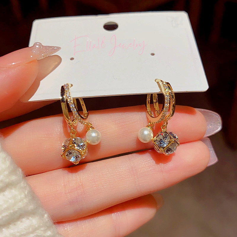 14K Gold-Plated Elegant Zircon Cube Ball Pearl Earrings