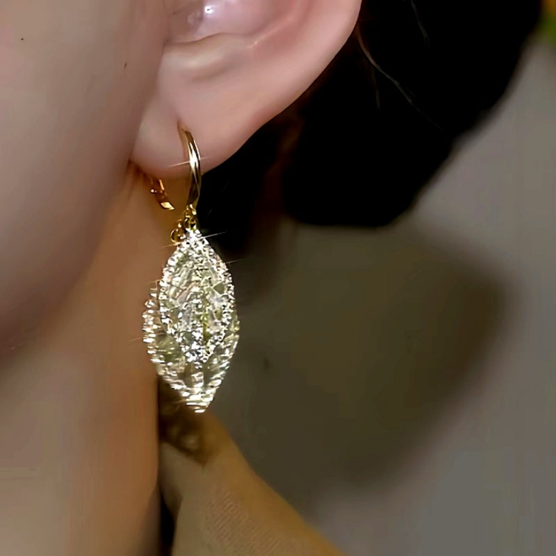 14K Gold-Plated Elegant Zircon Diamond Double Leaf Earrings