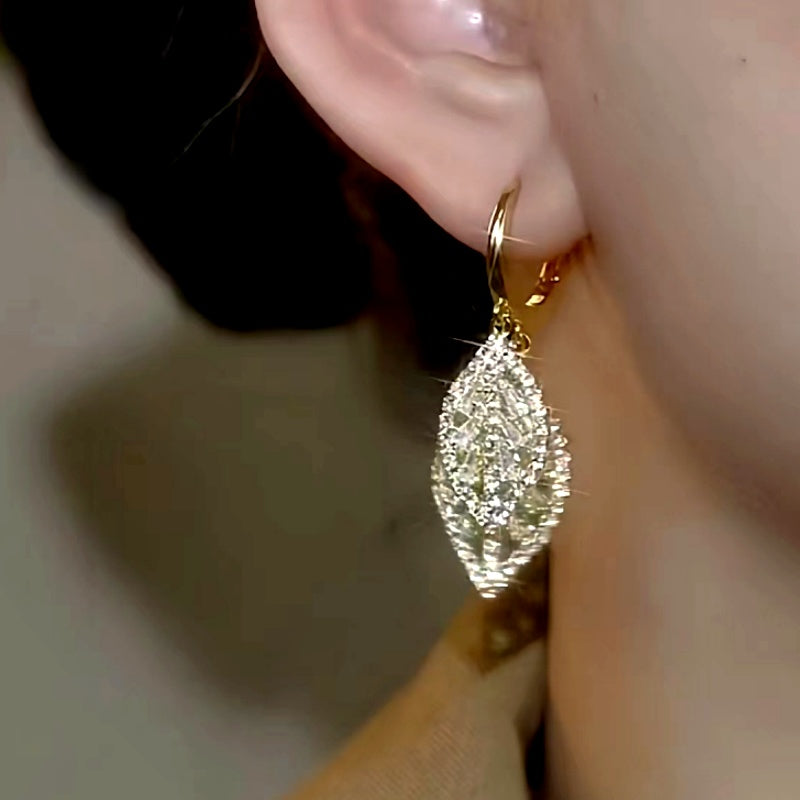14K Gold-Plated Elegant Zircon Diamond Double Leaf Earrings