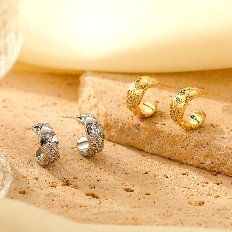 14K Gold-Plated Elegant Zircon Diamond Pattern C-Shaped Earrings