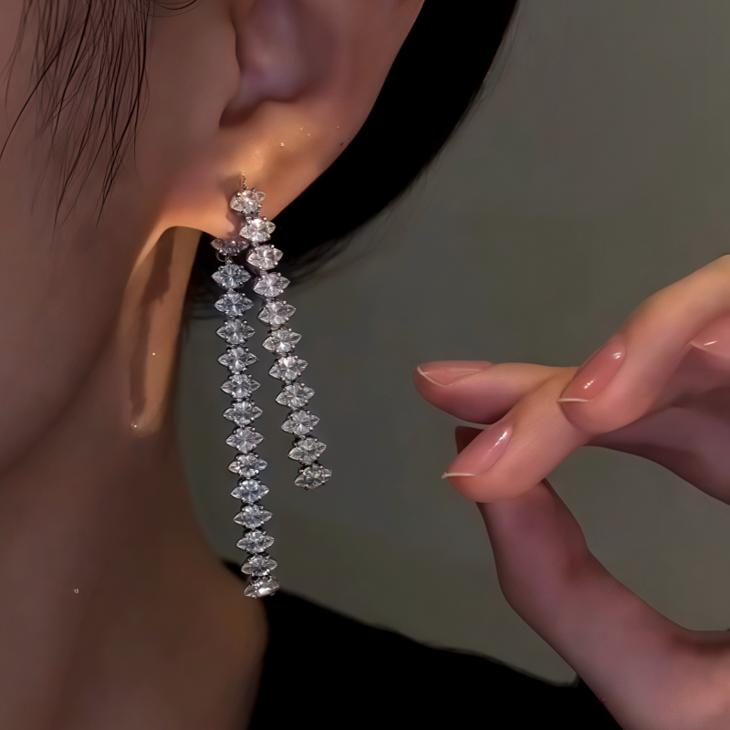 14K Gold-Plated Elegant Zircon Diamond Tassel Earrings