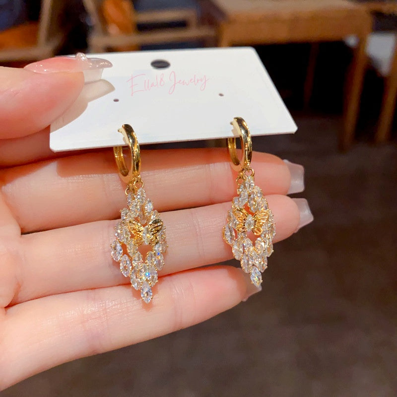 14K Gold-Plated Elegant Zircon Double-Layer Butterfly Earrings