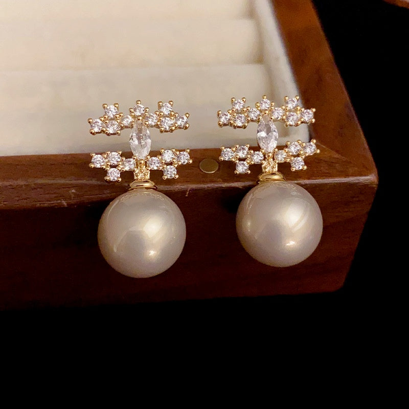 14K Gold-Plated Elegant Zircon Double C Pearl Earrings