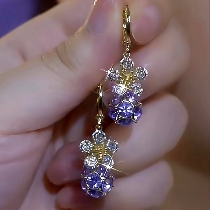 14K Gold-Plated Elegant Zircon Flower Diamond Ball Earrings