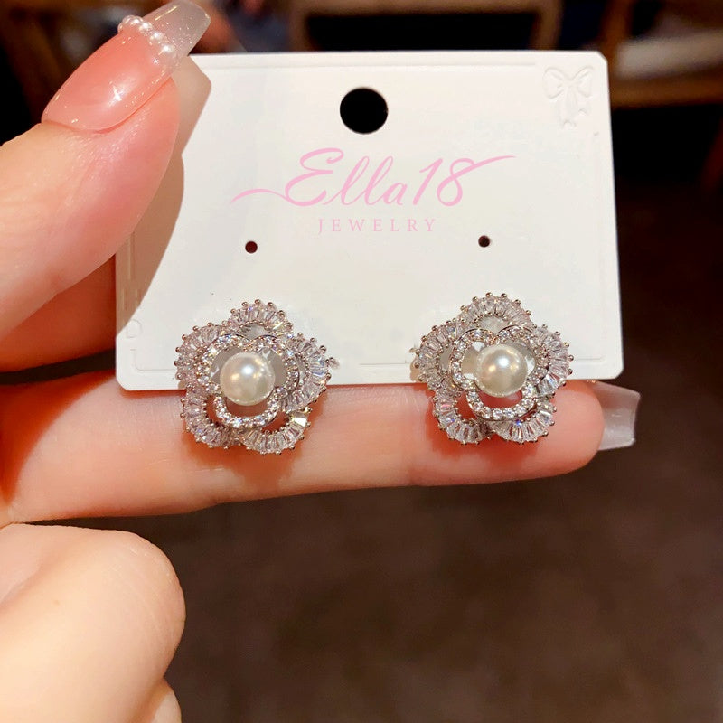14K Gold-Plated Elegant Zircon Flower Pearl Stud Earrings