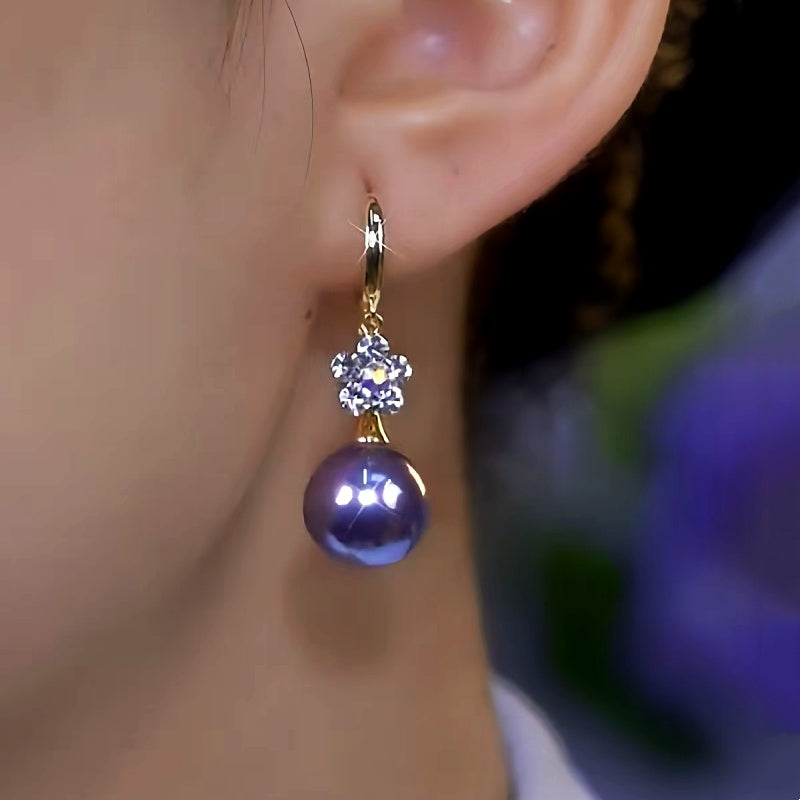14K Gold-Plated Elegant Zircon Flower Purple Pearl Earrings