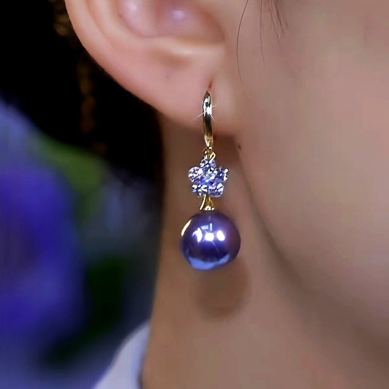 14K Gold-Plated Elegant Zircon Flower Purple Pearl Earrings