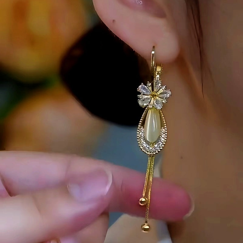14K Gold-Plated Elegant Zircon Flower Water Drop Tassel Earrings