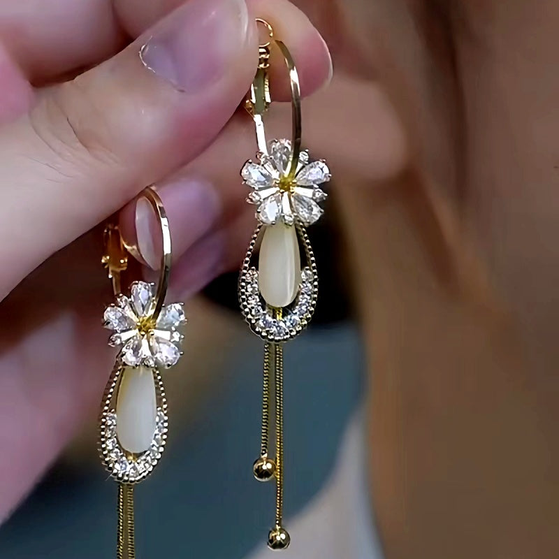 14K Gold-Plated Elegant Zircon Flower Water Drop Tassel Earrings