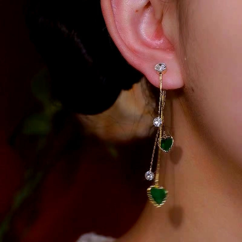 14K Gold-Plated Elegant Zircon Green Heart Tassel Earrings