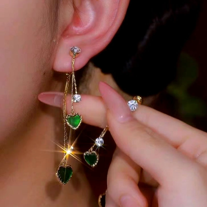 14K Gold-Plated Elegant Zircon Green Heart Tassel Earrings