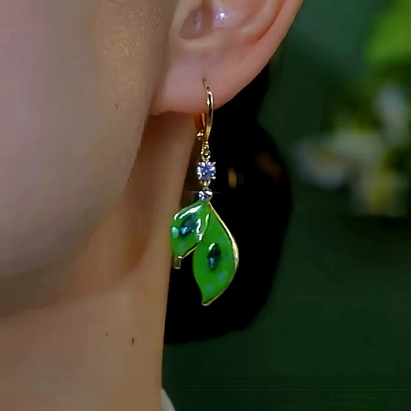 14K Gold-Plated Elegant Zircon Green Leaf Earrings