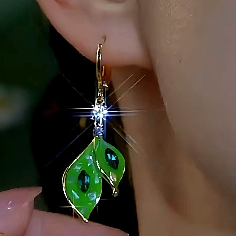 14K Gold-Plated Elegant Zircon Green Leaf Earrings