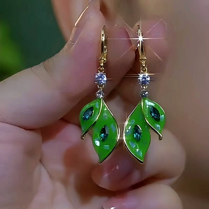 14K Gold-Plated Elegant Zircon Green Leaf Earrings