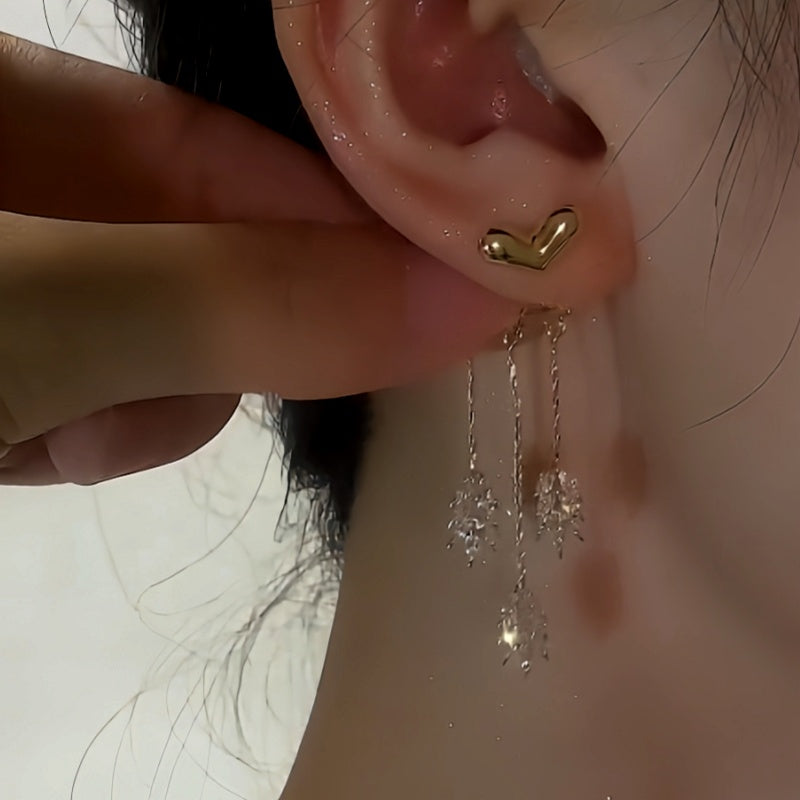 14K Gold-Plated Elegant Zircon Heart Leaf Tassel Earrings