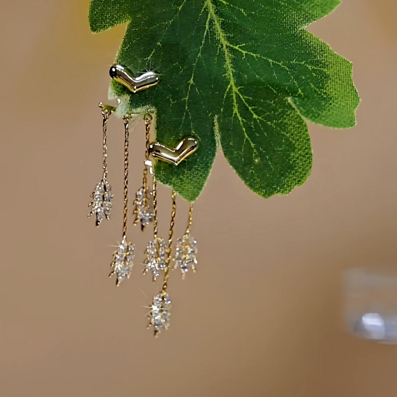 14K Gold-Plated Elegant Zircon Heart Leaf Tassel Earrings