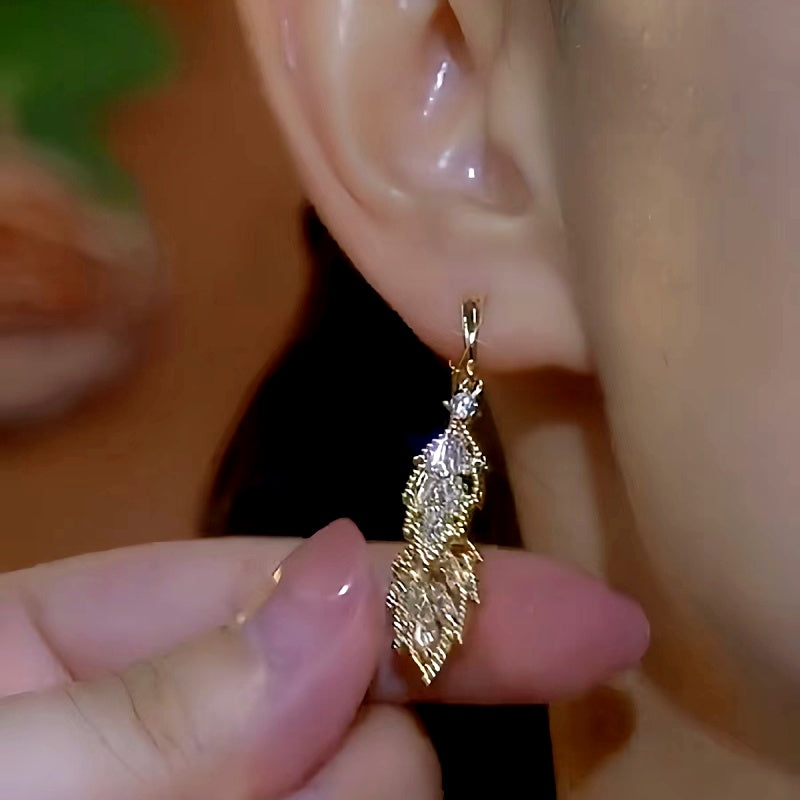 14K Gold-Plated Elegant Zircon Leaf Earrings
