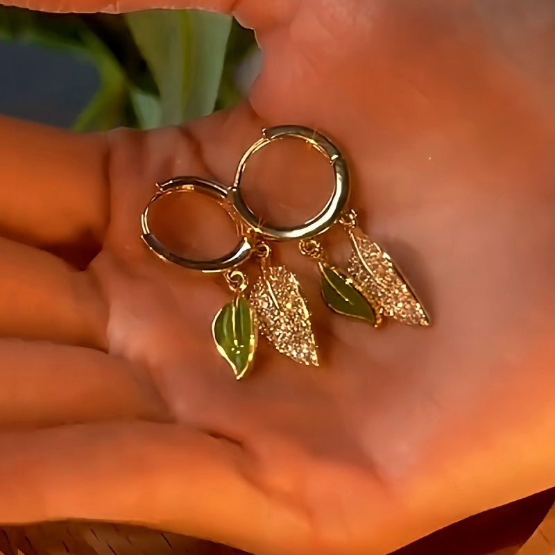 14K Gold-Plated Elegant Zircon Leaf Earrings