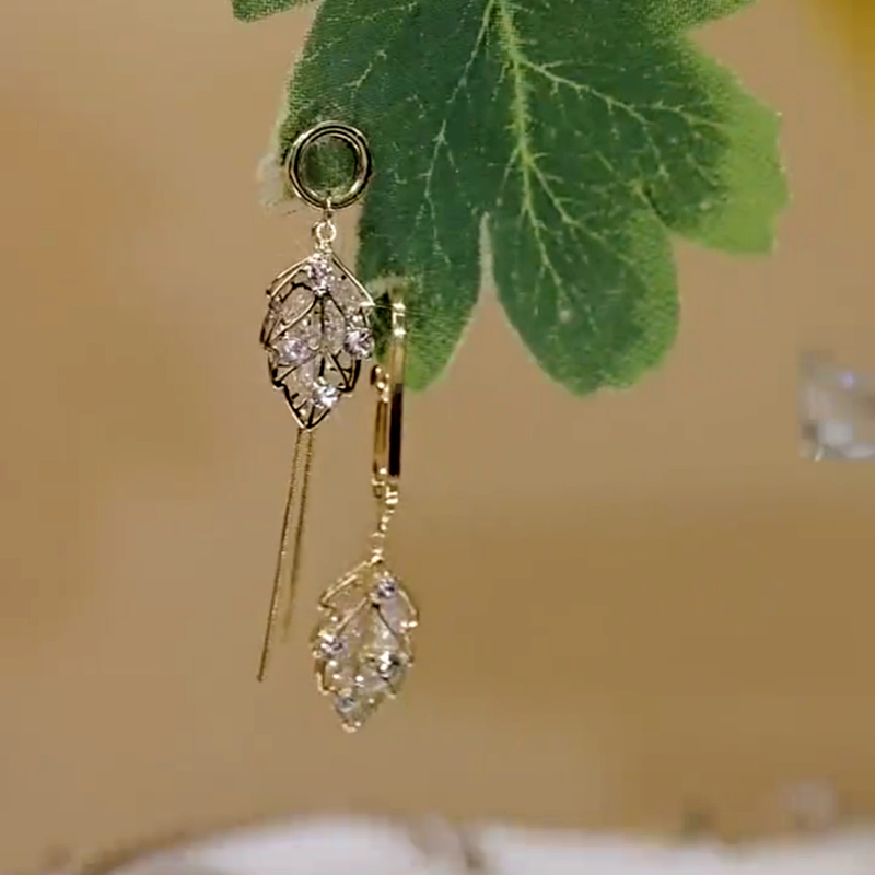 14K Gold-Plated Elegant Zircon Leaf Earrings