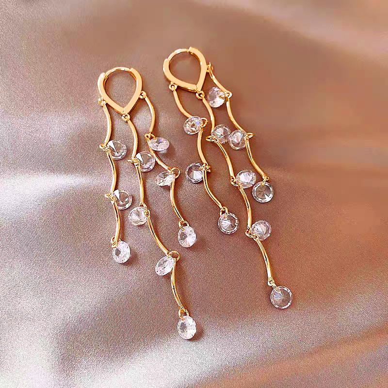 14K Gold-Plated Elegant Zircon Leaf Tassel Earrings