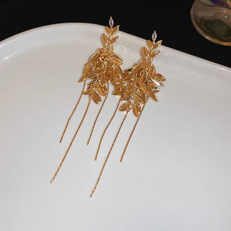 14K Gold-Plated Elegant Zircon Leaf Tassel Earrings