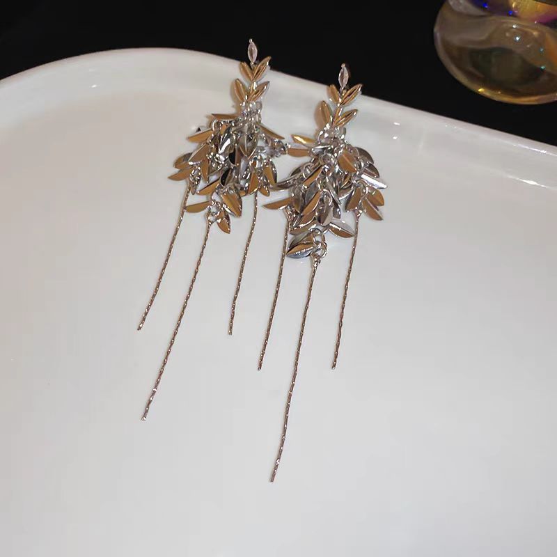14K Gold-Plated Elegant Zircon Leaf Tassel Earrings