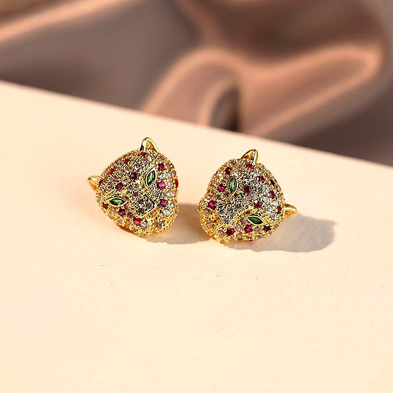 14K Gold-Plated Elegant Zircon Leopard Head Stud Earrings