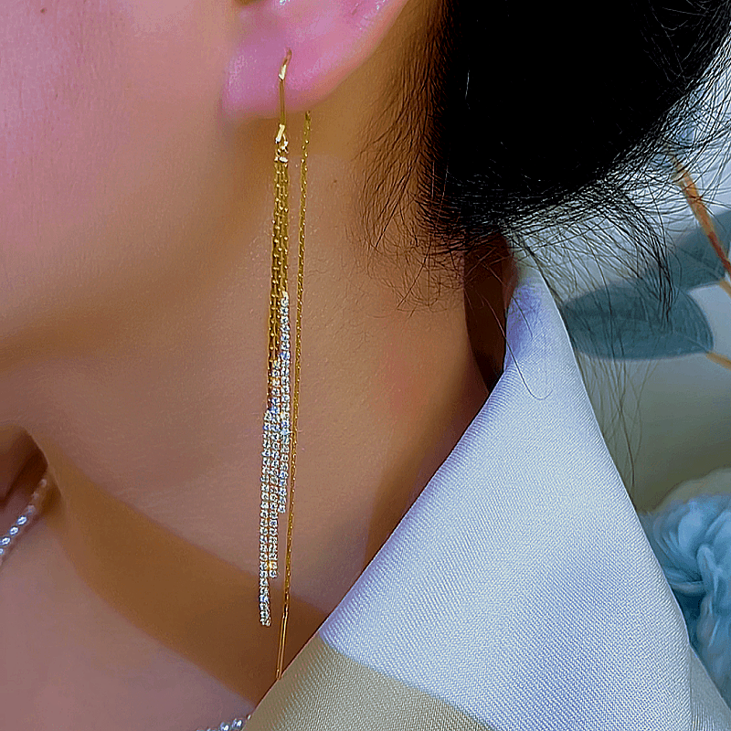 14K Gold-Plated Elegant Zircon Long Chain Tassel Threader Earrings