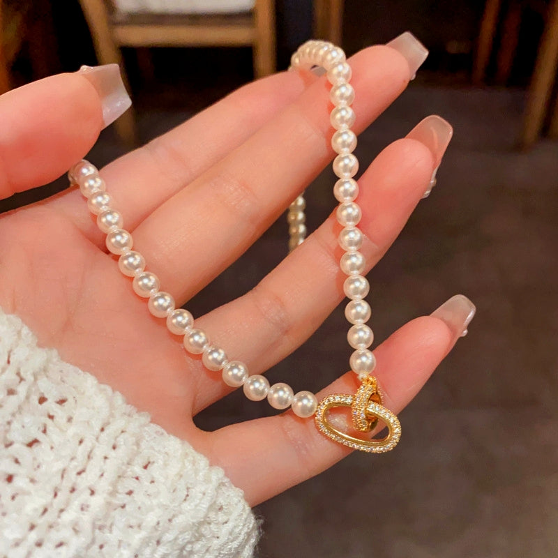 14K Gold-Plated Elegant Zircon Oval Ring Pearl Necklaces