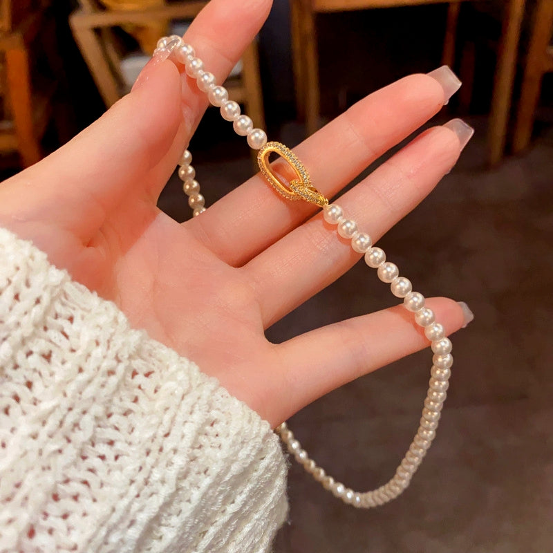 14K Gold-Plated Elegant Zircon Oval Ring Pearl Necklaces
