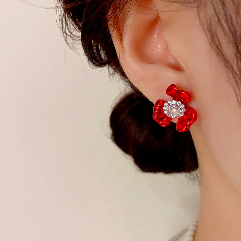 14K Gold-Plated Elegant Zircon Painted Flower Stud Earrings