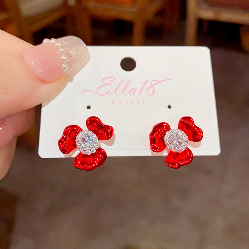 14K Gold-Plated Elegant Zircon Painted Flower Stud Earrings