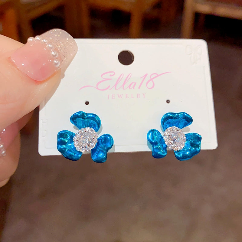 14K Gold-Plated Elegant Zircon Painted Flower Stud Earrings