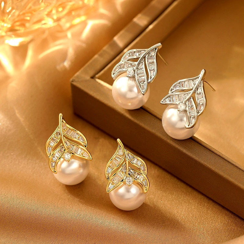14K Gold-Plated Elegant Zircon Pearl Leaf Earrings