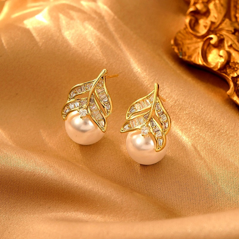 14K Gold-Plated Elegant Zircon Pearl Leaf Earrings