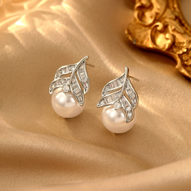 14K Gold-Plated Elegant Zircon Pearl Leaf Earrings