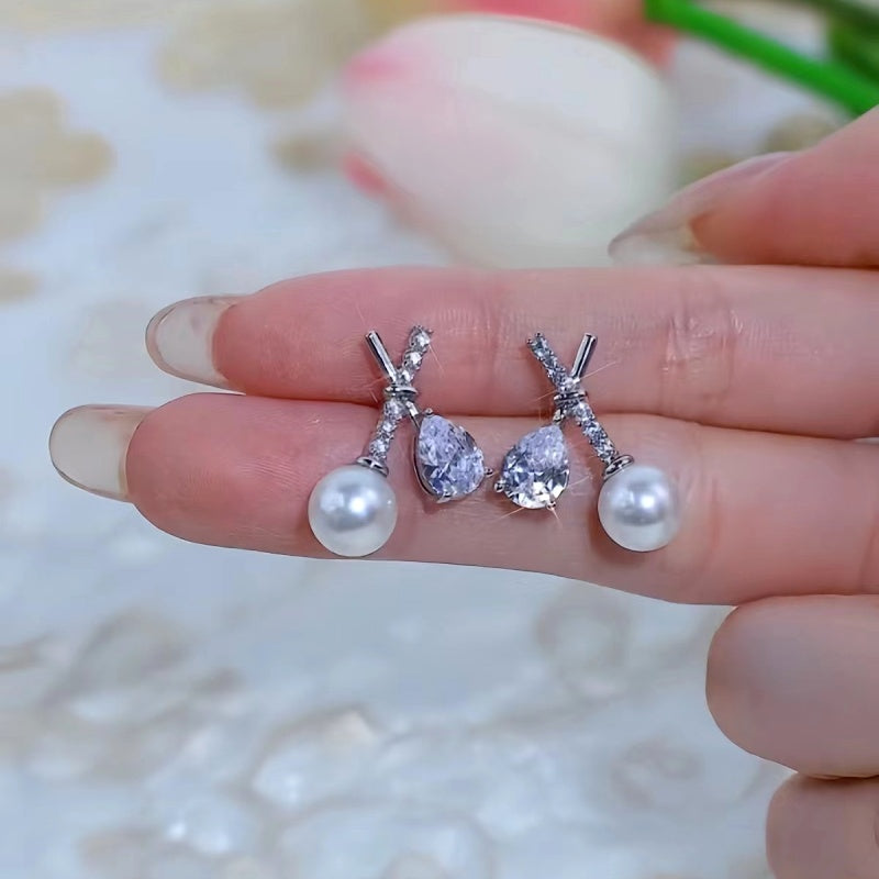 14K Gold-Plated Elegant Zircon Pearl Studs