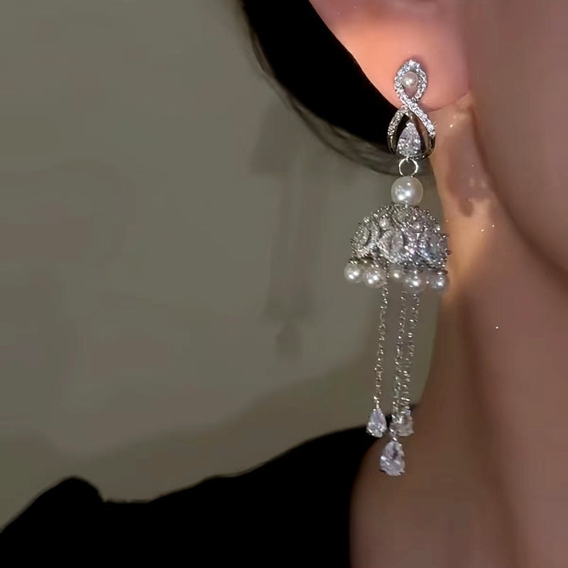 14K Gold-Plated Elegant Zircon Pearl Tassel Bell Earrings