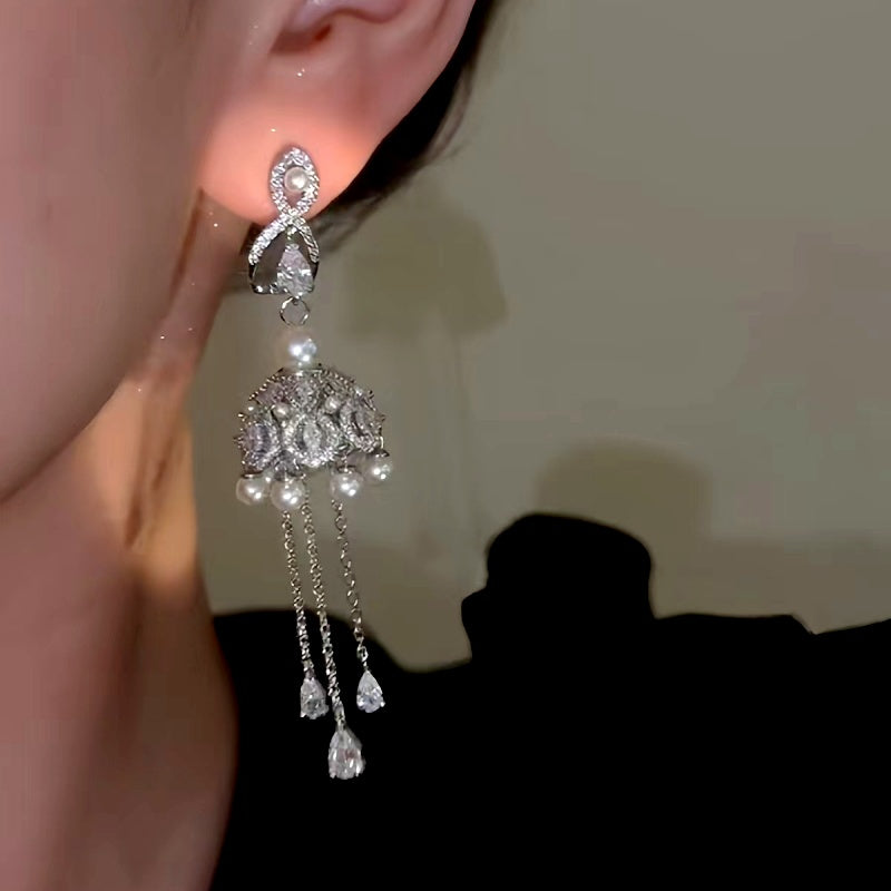 14K Gold-Plated Elegant Zircon Pearl Tassel Bell Earrings