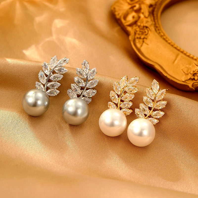 14K Gold-Plated Elegant Zircon Pearl Wheat Earrings