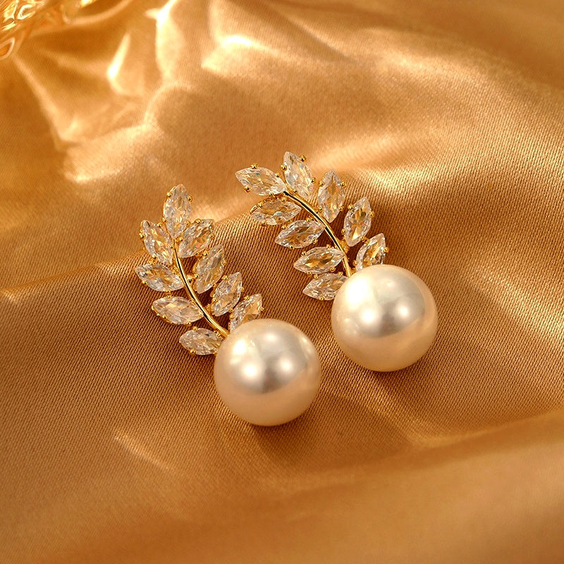 14K Gold-Plated Elegant Zircon Pearl Wheat Earrings