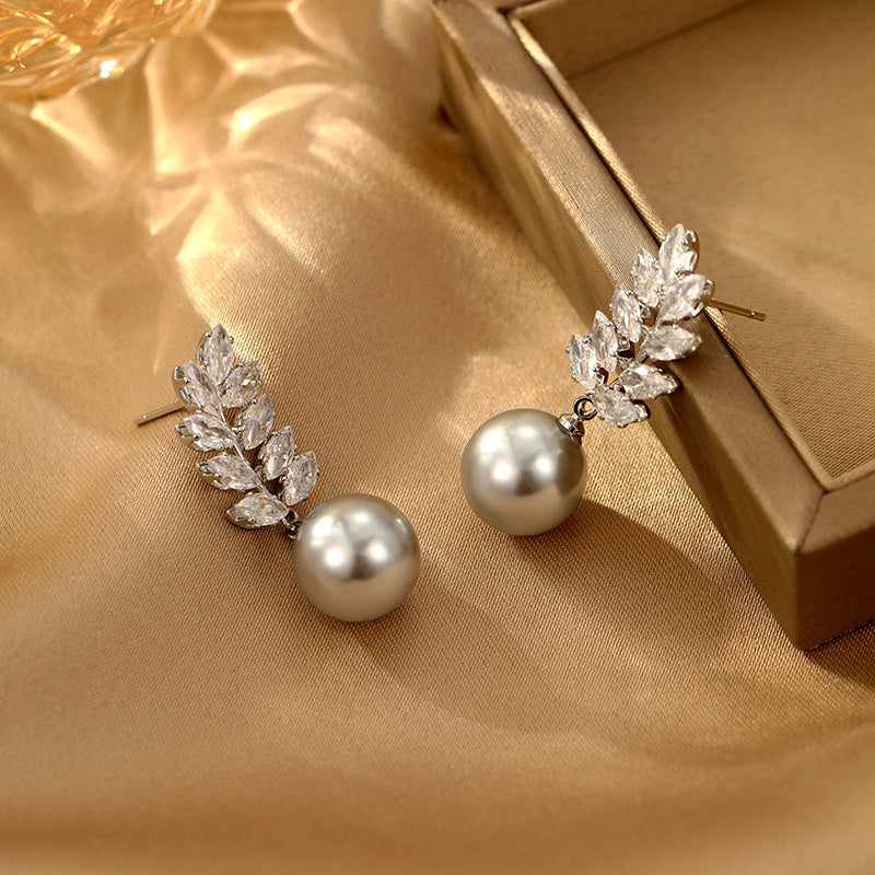14K Gold-Plated Elegant Zircon Pearl Wheat Earrings