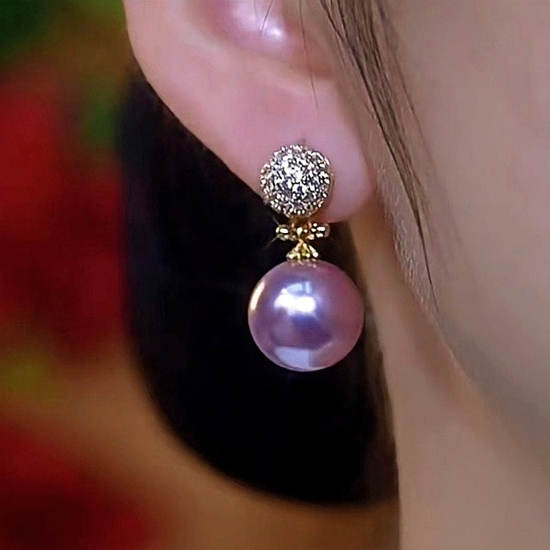 14K Gold-Plated Elegant Zircon Purple Pearl Earrings